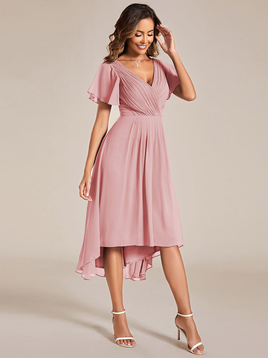 Taille personnalisée Robe d'invité de mariage chic à col en V #Couleur_Rose fumee