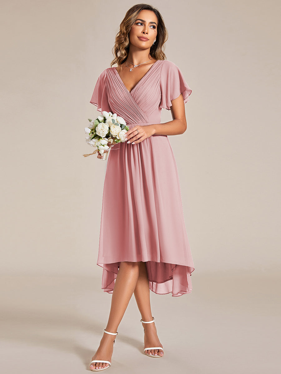 Robe d'invité de mariage chic à col en V #Couleur_Rose fumee