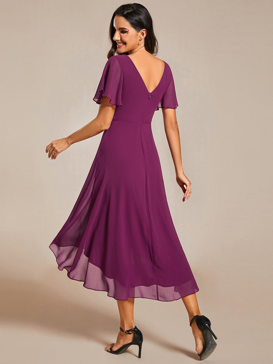 Robe d'invitée de mariage chic à col en V et manches courtes #Couleur_Fuchsia