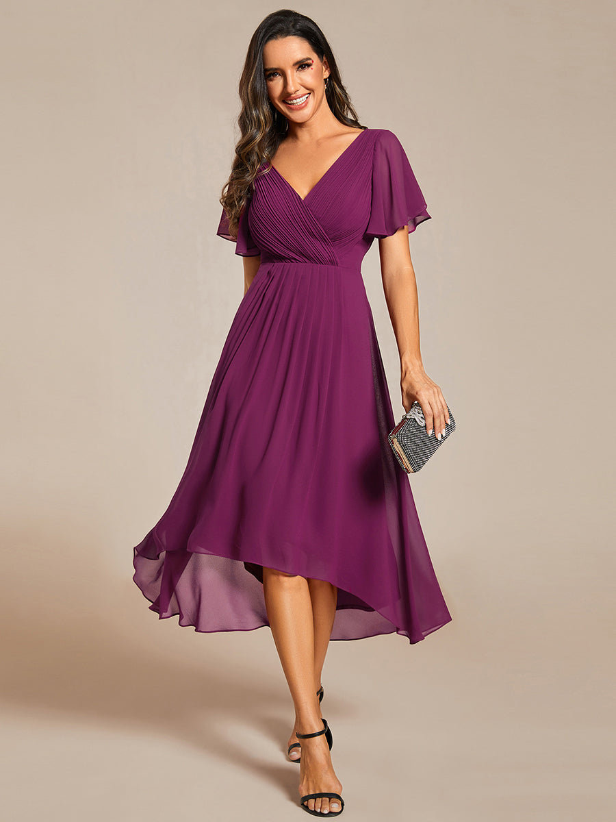 Robe d'invitée de mariage chic à col en V et manches courtes #Couleur_Fuchsia