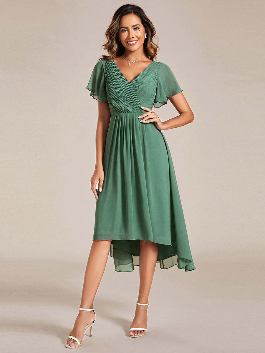 Robe d'invitée de mariage chic à col en V et manches courtes #Couleur_Haricot Vert