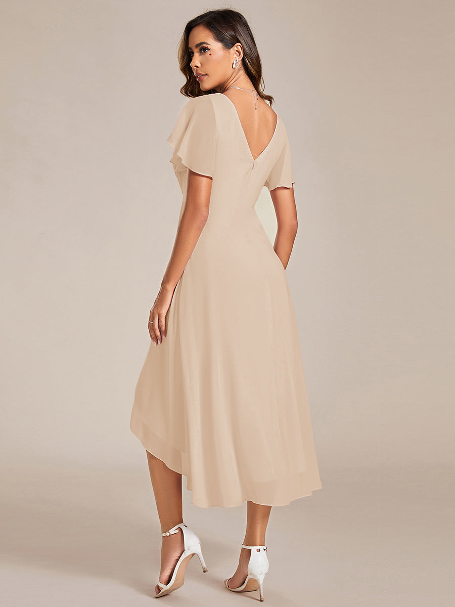 Robe d'invitée de mariage chic à col en V et manches courtes #Couleur_Or