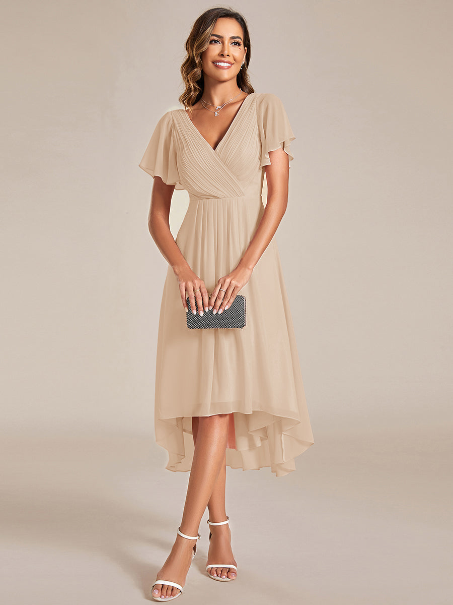 Robe d'invitée de mariage chic à col en V et manches courtes #Couleur_Or