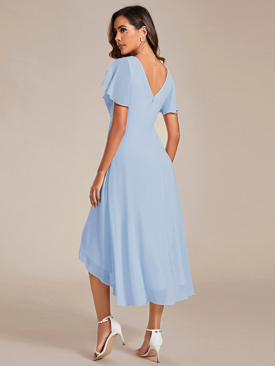 Robe d'invitée de mariage chic à col en V et manches courtes #Couleur_Bleu Glace