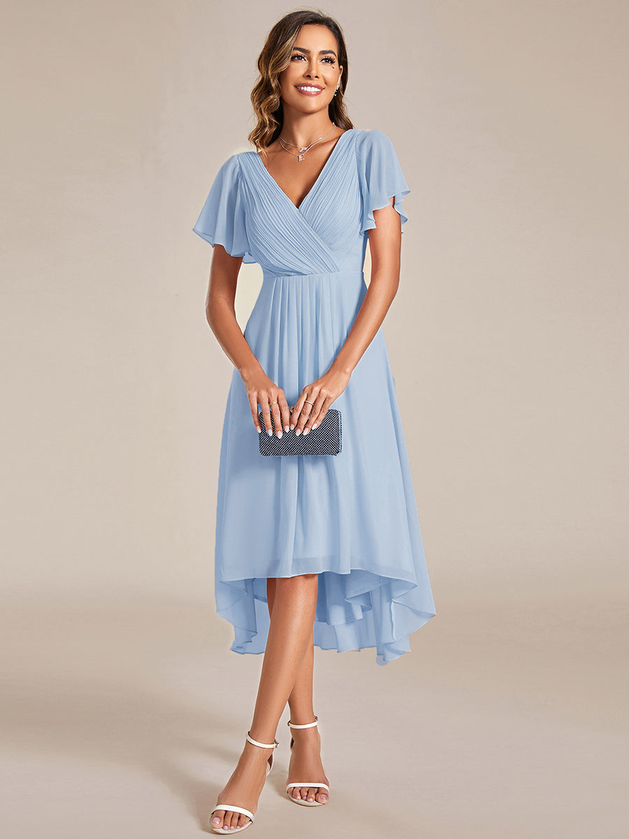 Robe d'invitée de mariage chic à col en V et manches courtes #Couleur_Bleu Glace