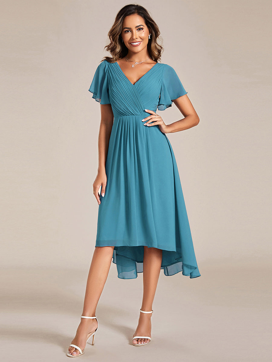 Robe d'invitée de mariage chic à col en V et manches courtes #Couleur_Bleu Jade