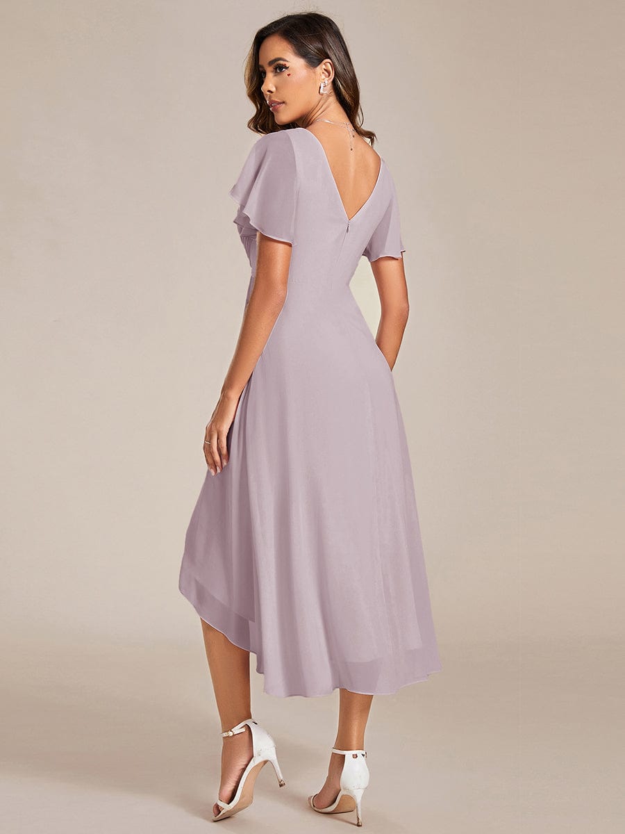 Robe d'invitée de mariage chic à col en V et manches courtes #Couleur_Lilas