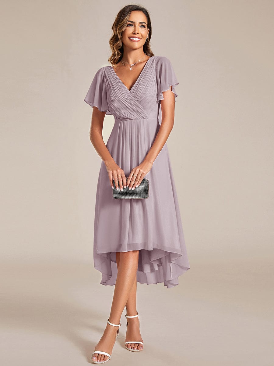 Robe d'invitée de mariage chic à col en V et manches courtes #Couleur_Lilas