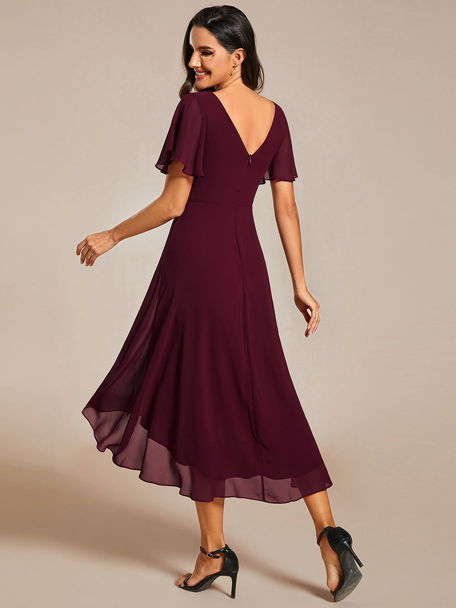 Robe d'invitée de mariage chic à col en V et manches courtes #Couleur_M?re