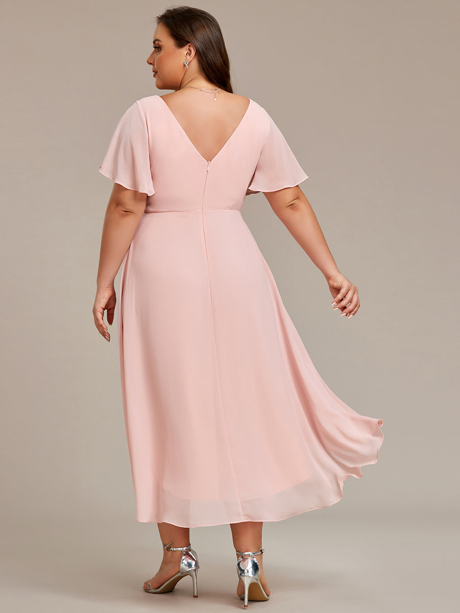 Grande Taille Robe d'invité de mariage chic à col en V #Couleur_Rose