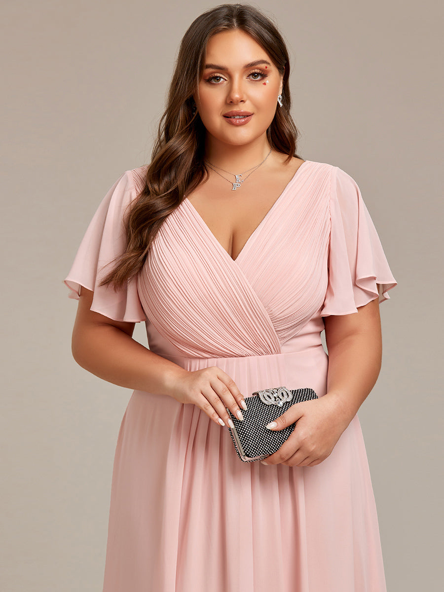 Grande Taille Robe d'invité de mariage chic à col en V #Couleur_Rose