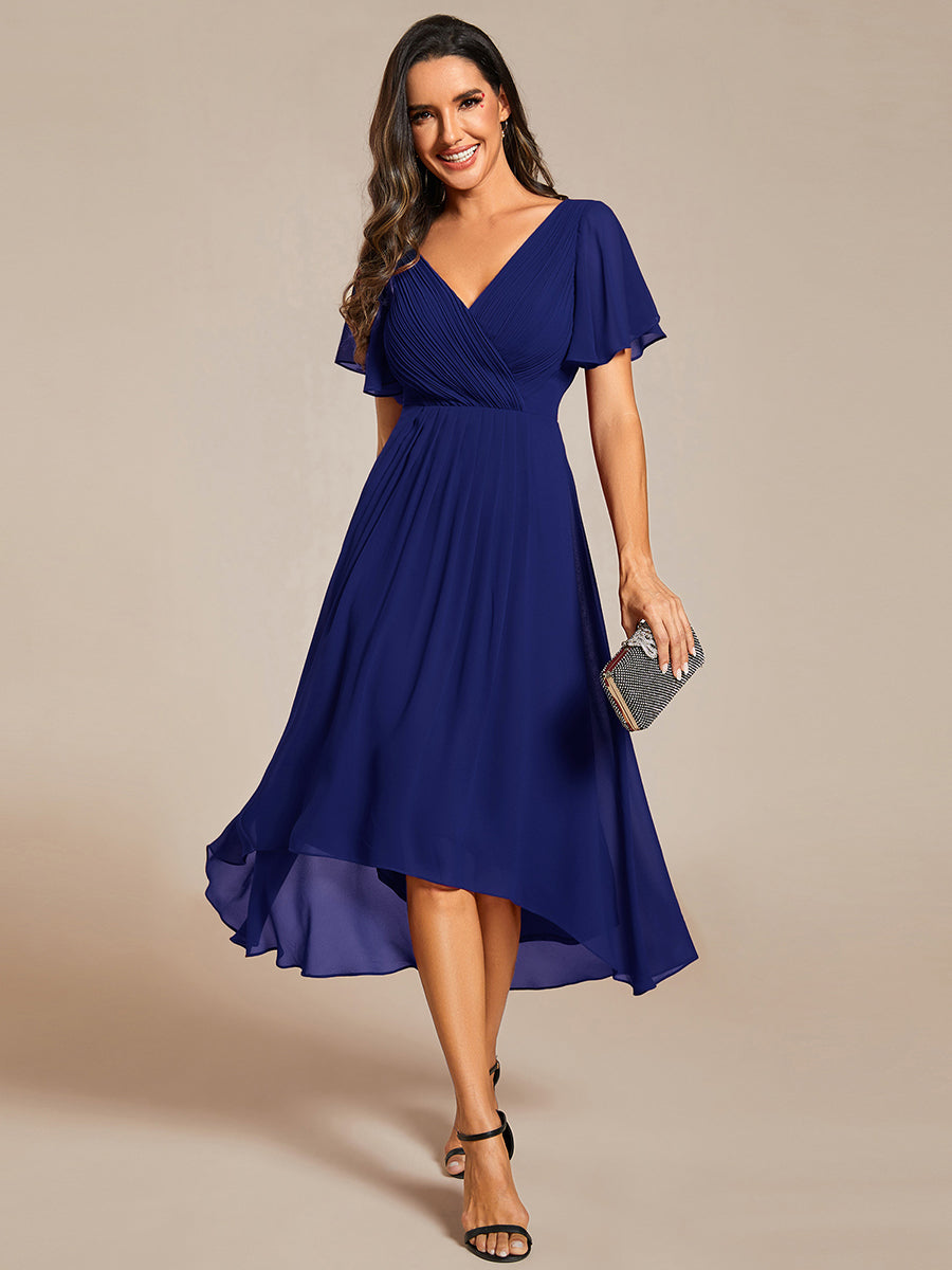 Robe d'invitée de mariage chic à col en V et manches courtes #Couleur_Bleu Royal