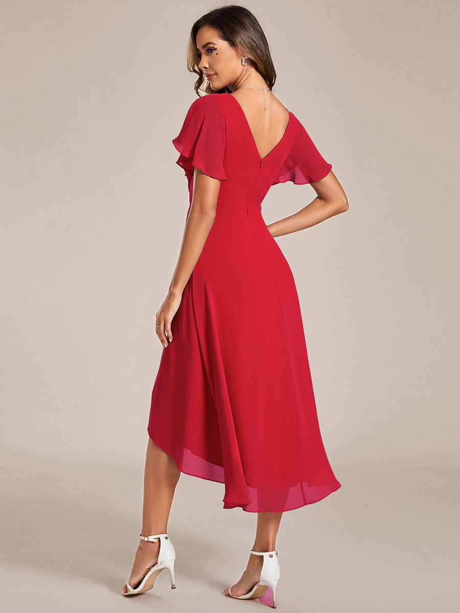 Robe d'invitée de mariage chic à col en V et manches courtes #Couleur_Rouge