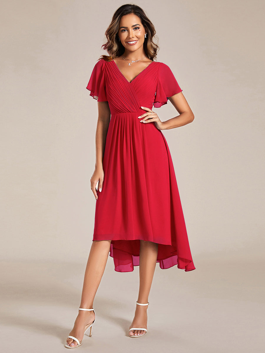 Robe d'invitée de mariage chic à col en V et manches courtes #Couleur_Rouge