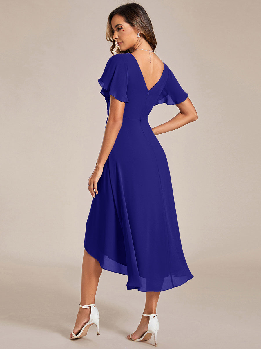 Robe d'invitée de mariage chic à col en V et manches courtes #Couleur_Bleu Saphir