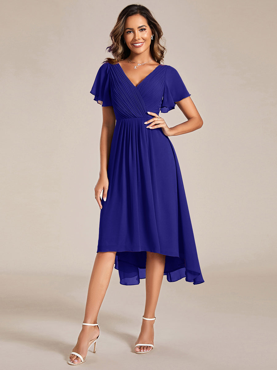 Robe d'invitée de mariage chic à col en V et manches courtes #Couleur_Bleu Saphir