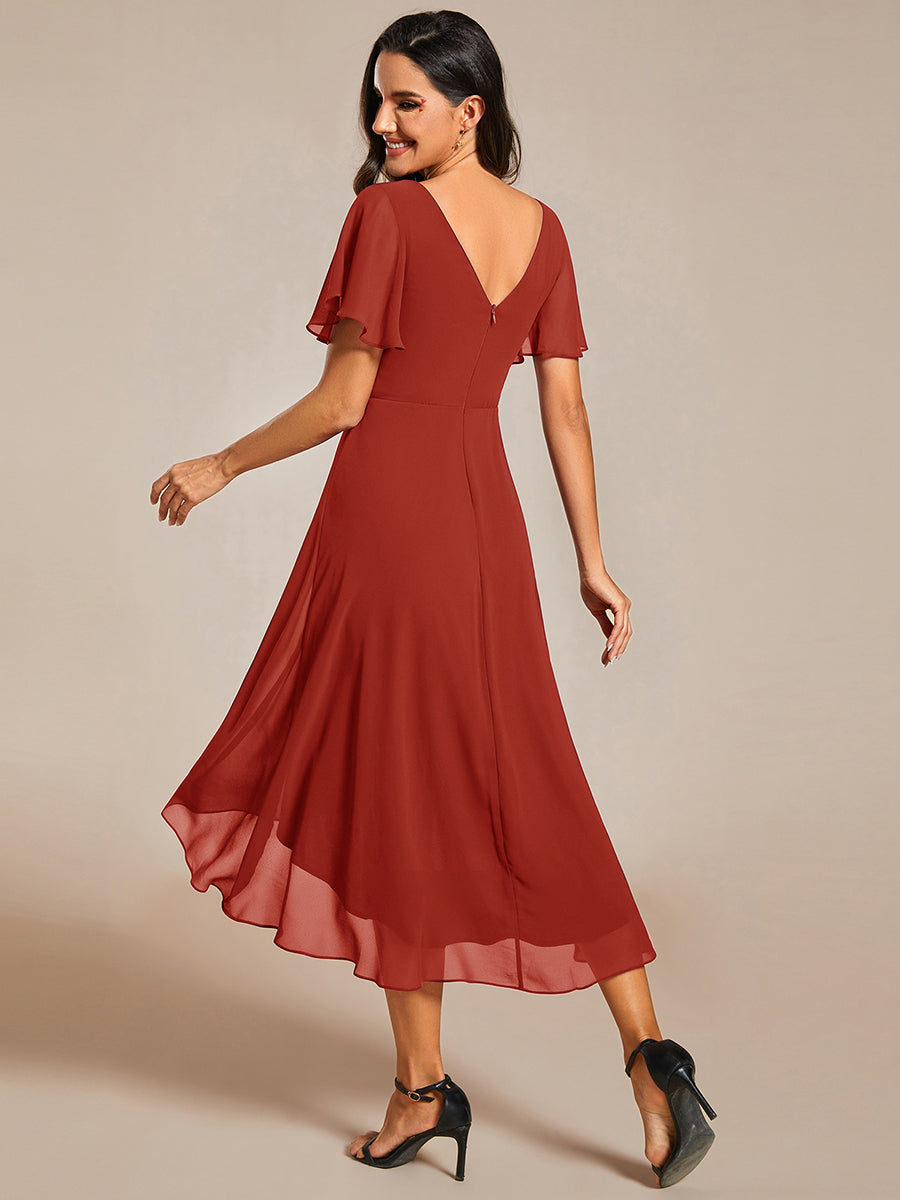 Robe d'invitée de mariage chic à col en V et manches courtes #Couleur_Vermillon