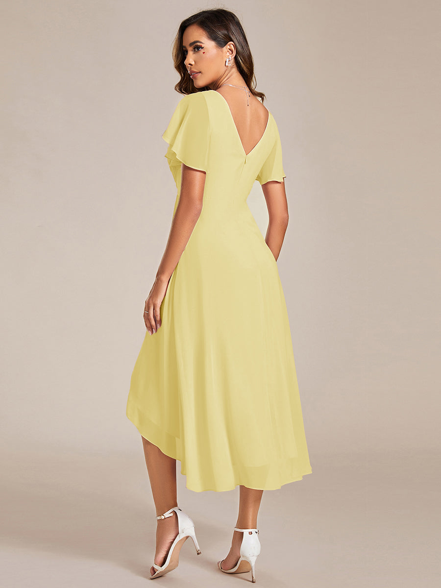 Robe d'invitée de mariage chic à col en V et manches courtes #Couleur_Jaune