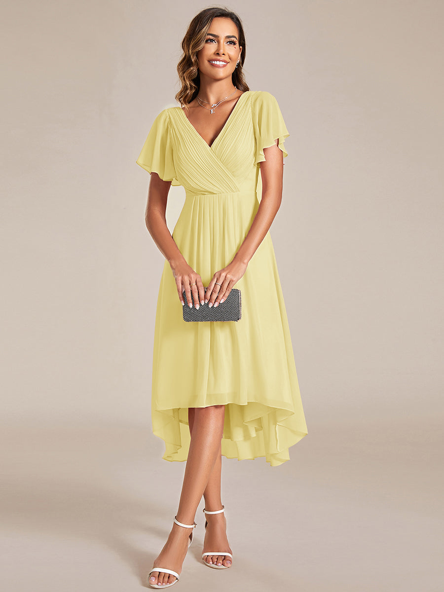 Robe d'invitée de mariage chic à col en V et manches courtes #Couleur_Jaune