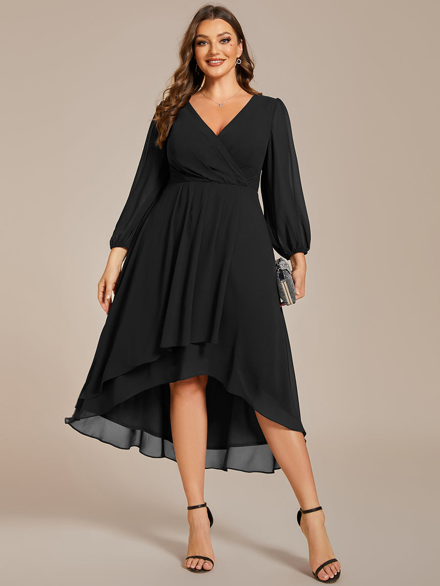 Grande Taille Robe invité de mariage mi-longue manches longues ourlet asymétrique #Couleur_Noir