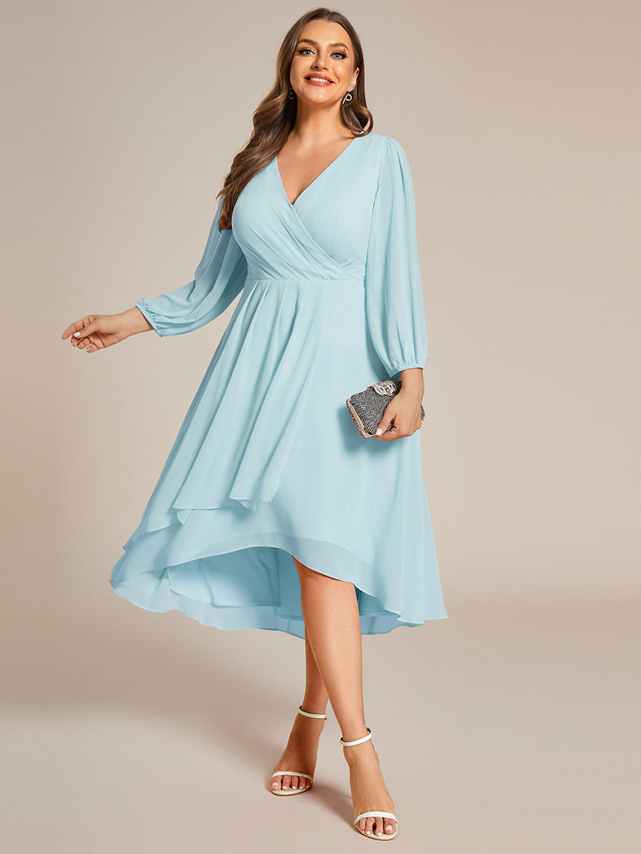 Grande Taille Robe invité de mariage mi-longue manches longues ourlet asymétrique #Couleur_Bleu Ciel