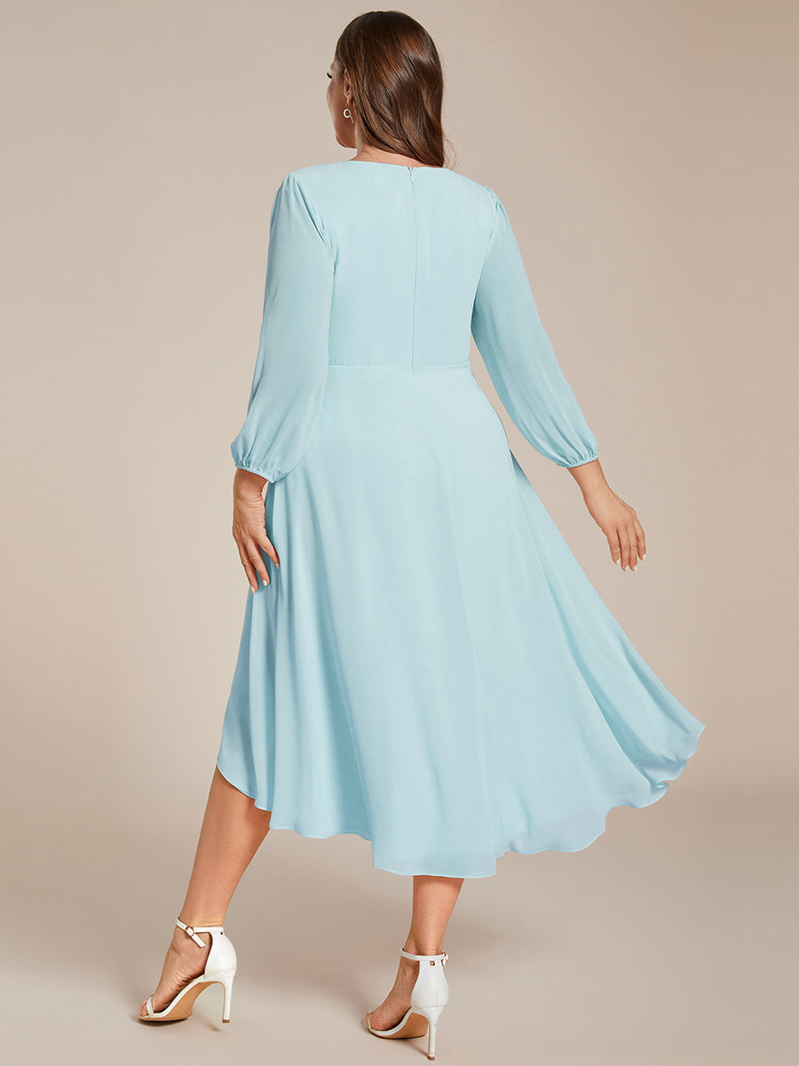 Grande Taille Robe invité de mariage mi-longue manches longues ourlet asymétrique #Couleur_Bleu Ciel