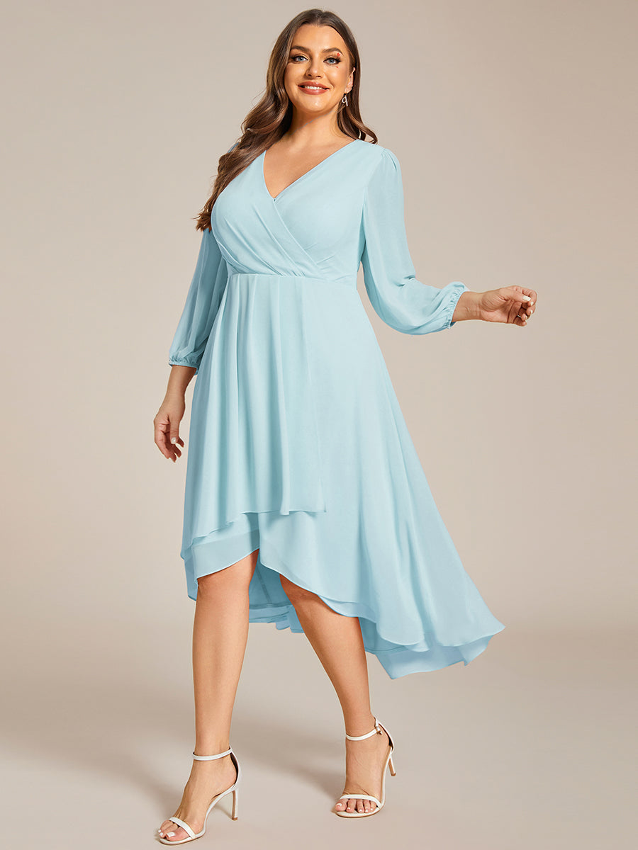 Grande Taille Robe invité de mariage mi-longue manches longues ourlet asymétrique #Couleur_Bleu Ciel