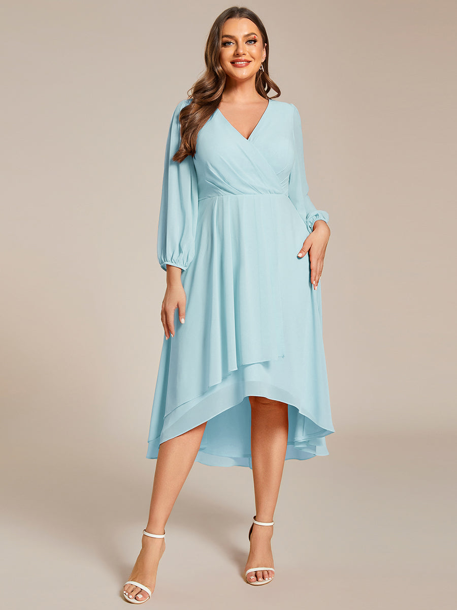 Grande Taille Robe invité de mariage mi-longue manches longues ourlet asymétrique #Couleur_Bleu Ciel