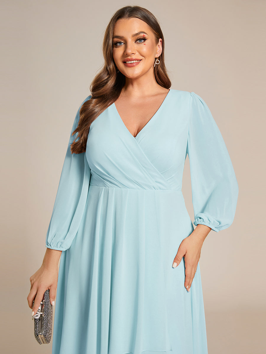 Grande Taille Robe invité de mariage mi-longue manches longues ourlet asymétrique #Couleur_Bleu Ciel