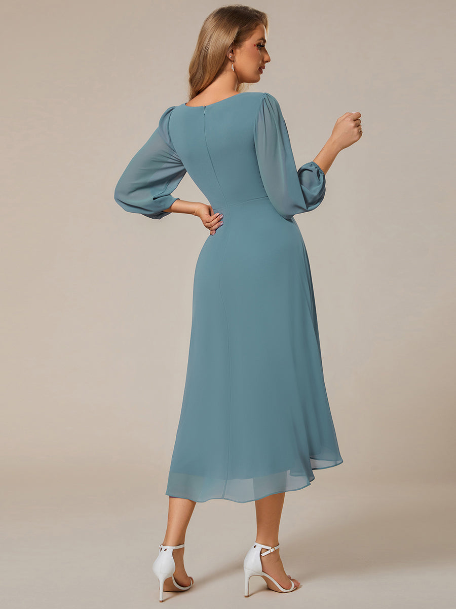 Robes de demoiselle d'honneur à manches longues et ourlet asymétrique #Couleur_Bleu Fume