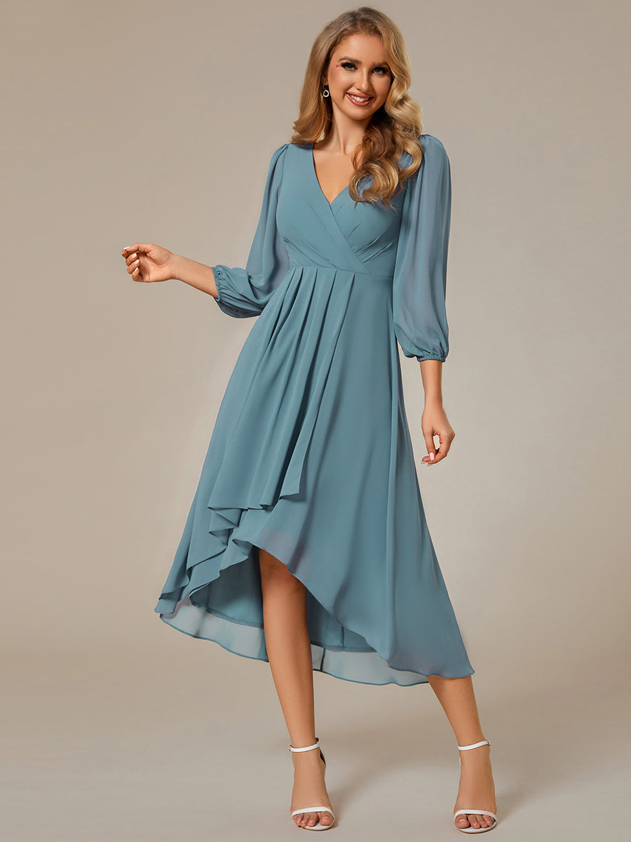 Robes de demoiselle d'honneur à manches longues et ourlet asymétrique #Couleur_Bleu Fume