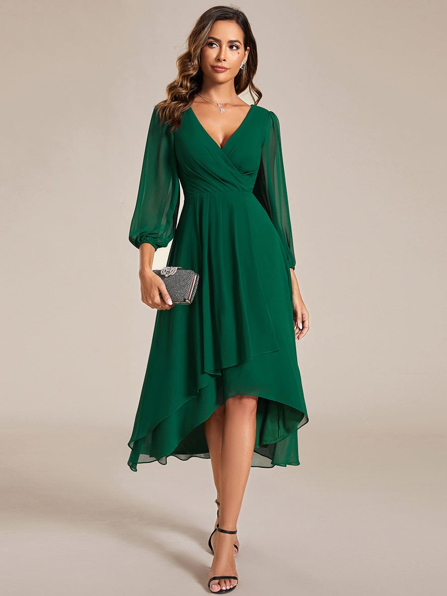 Robes de demoiselle d'honneur à manches longues et ourlet asymétrique #Couleur_Vert Fonce