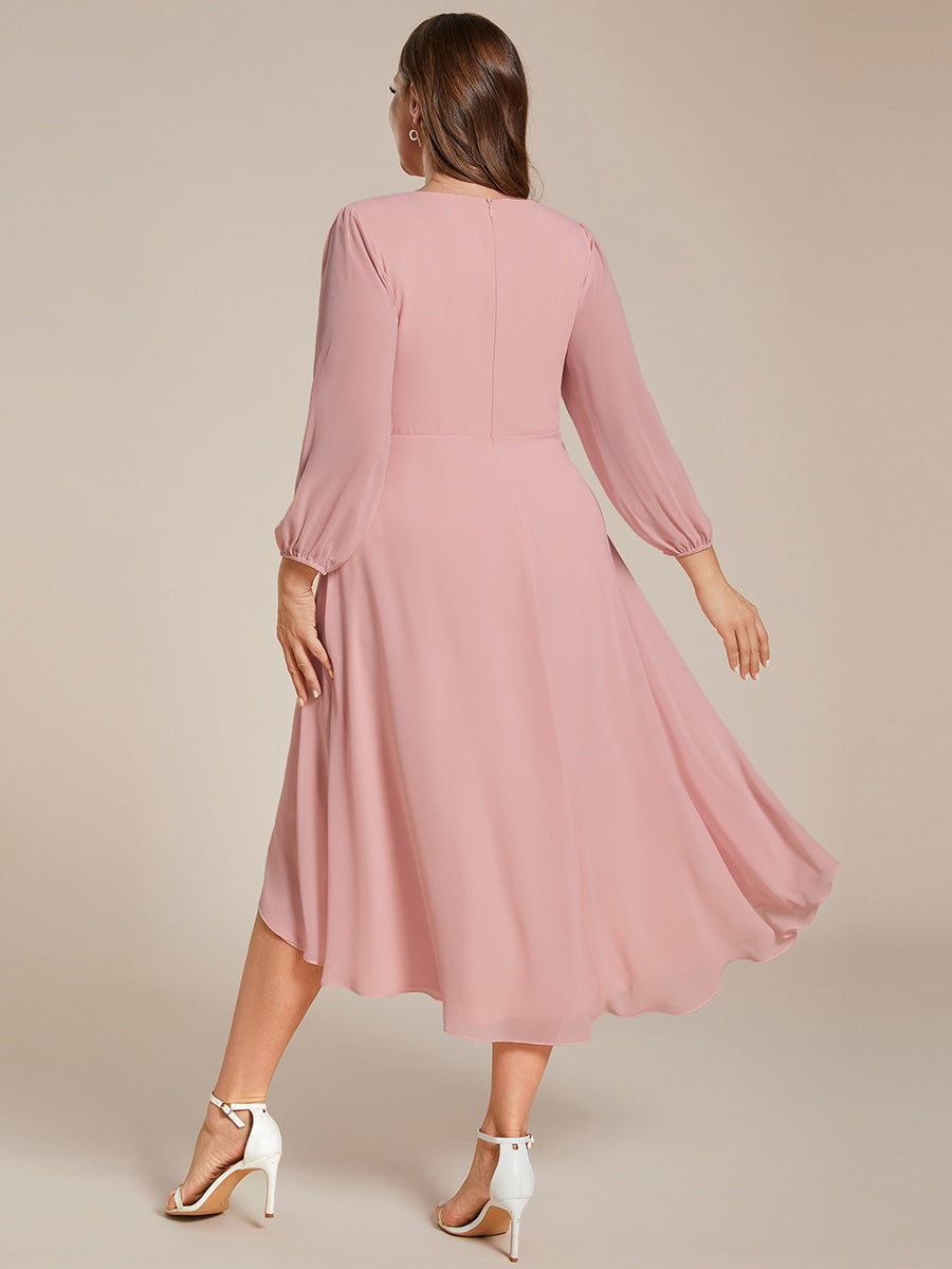 Grande Taille Robe invité de mariage mi-longue manches longues ourlet asymétrique #Couleur_Rose fumee