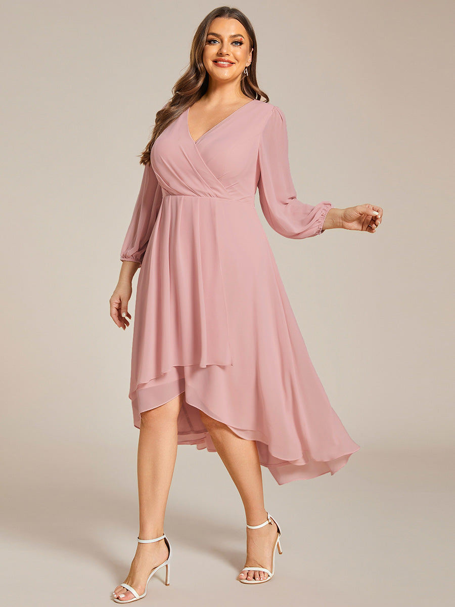 Grande Taille Robe invité de mariage mi-longue manches longues ourlet asymétrique #Couleur_Rose fumee