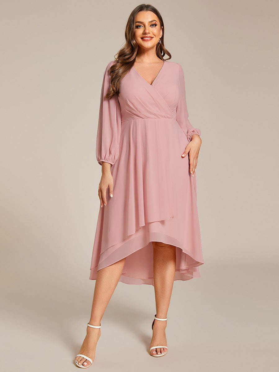 Grande Taille Robe invité de mariage mi-longue manches longues ourlet asymétrique #Couleur_Rose fumee