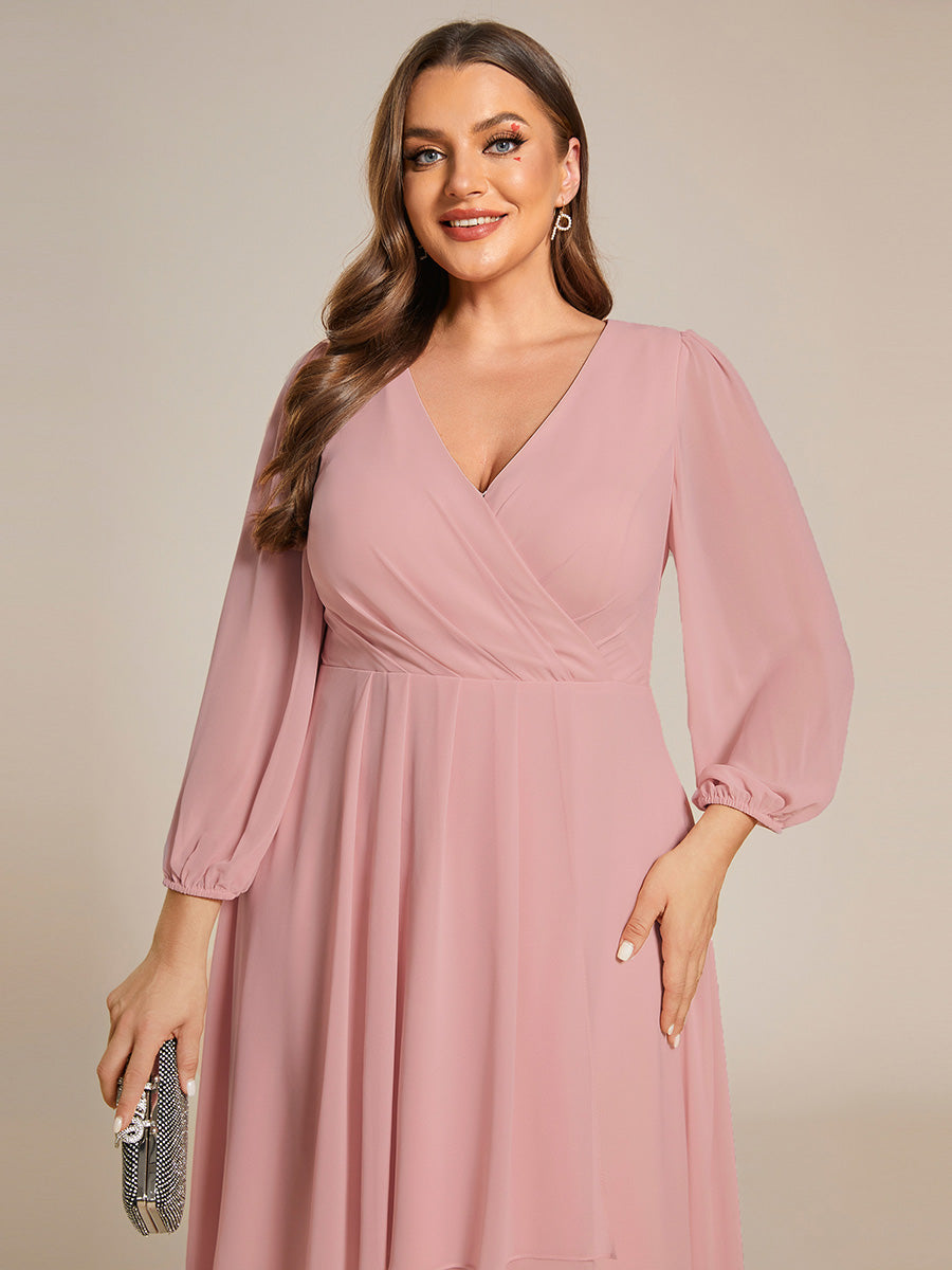 Grande Taille Robe invité de mariage mi-longue manches longues ourlet asymétrique #Couleur_Rose fumee