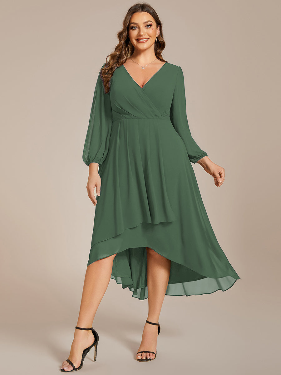 Grande Taille Robe invité de mariage mi-longue manches longues ourlet asymétrique #Couleur_Eucalyptus