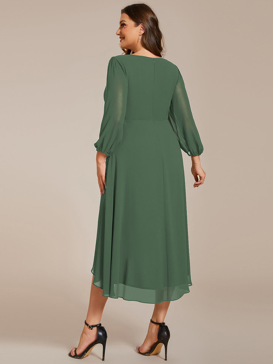 Grande Taille Robe invité de mariage mi-longue manches longues ourlet asymétrique #Couleur_Eucalyptus