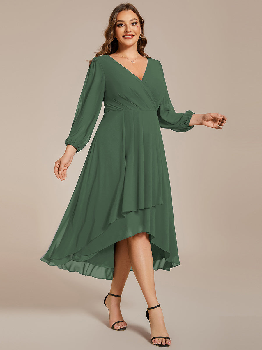 Grande Taille Robe invité de mariage mi-longue manches longues ourlet asymétrique #Couleur_Eucalyptus