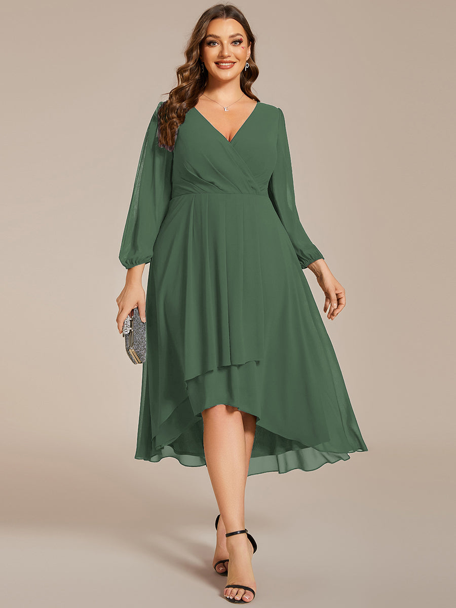 Grande Taille Robe invité de mariage mi-longue manches longues ourlet asymétrique #Couleur_Eucalyptus