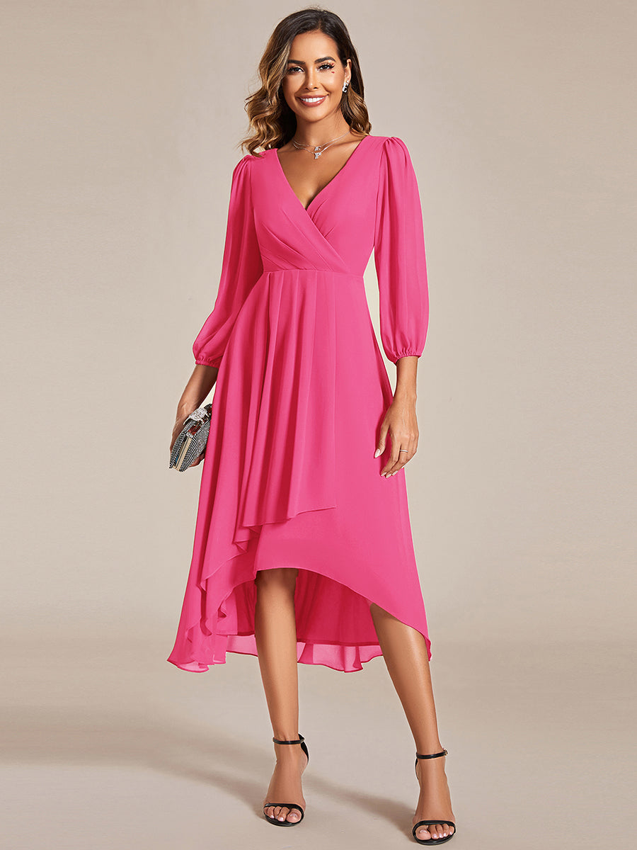 Robes de demoiselle d'honneur à manches longues et ourlet asymétrique #Couleur_Rose Vif