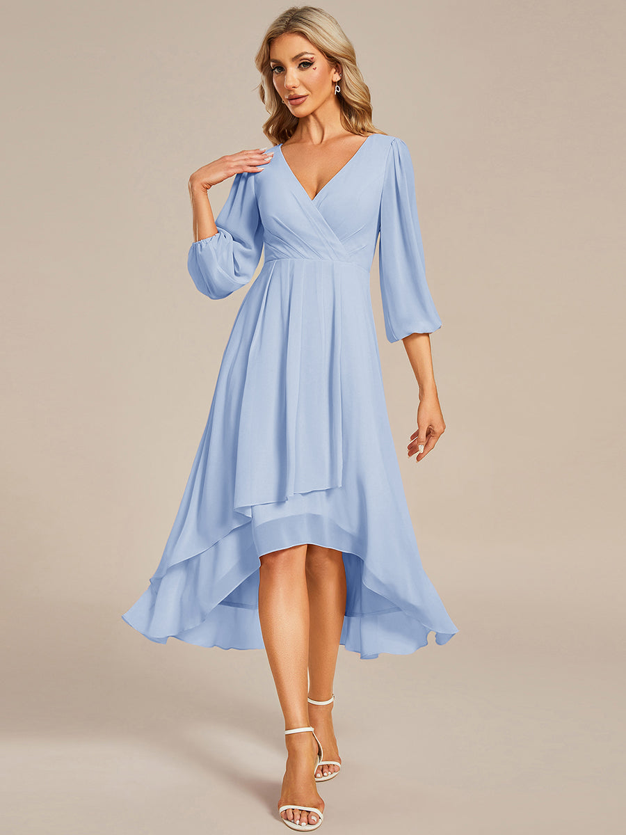 Robe d'invitée de mariage en mousseline à manches longues et col en V #Couleur_Bleu Glace