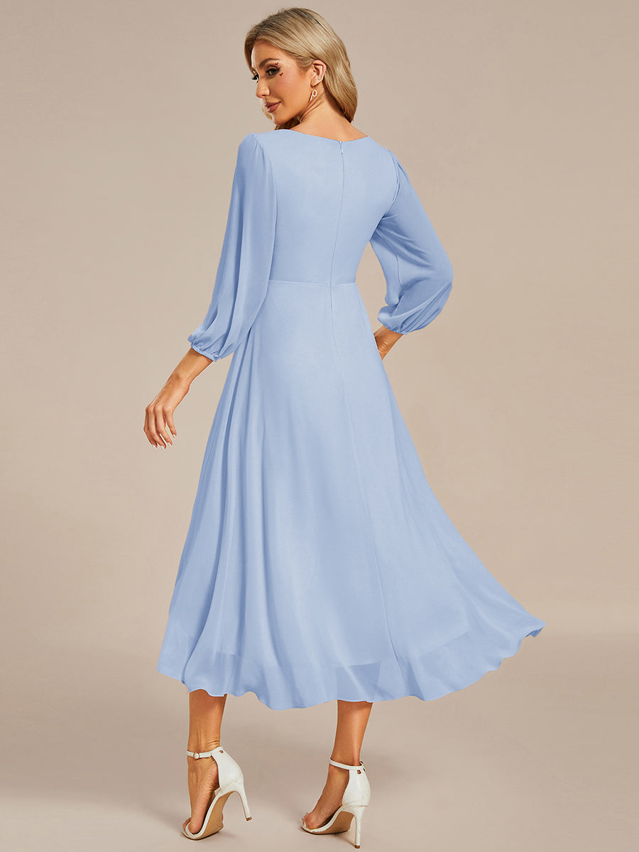 Robe d'invitée de mariage en mousseline à manches longues et col en V #Couleur_Bleu Glace