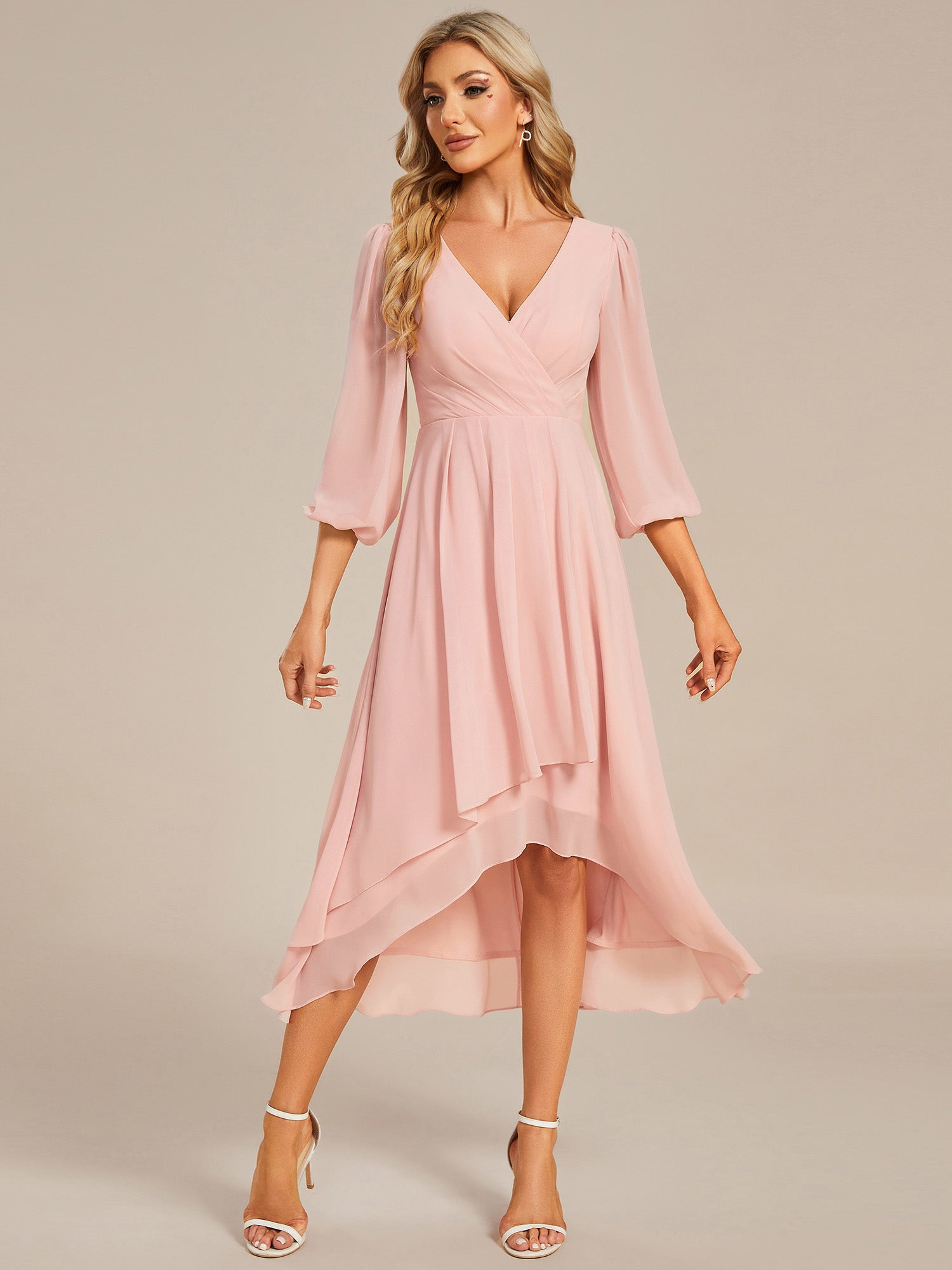 Robe invité de mariage mi-longue manches longues ourlet asymétrique #Couleur_Rose