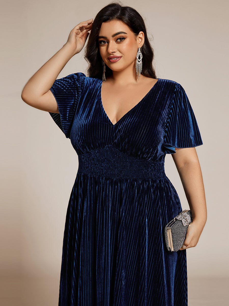 Grande taille Robe d'invité de mariage mi-longue en velours d'automne à manches courtes et col en V gracieux #Couleur_Bleu Marine