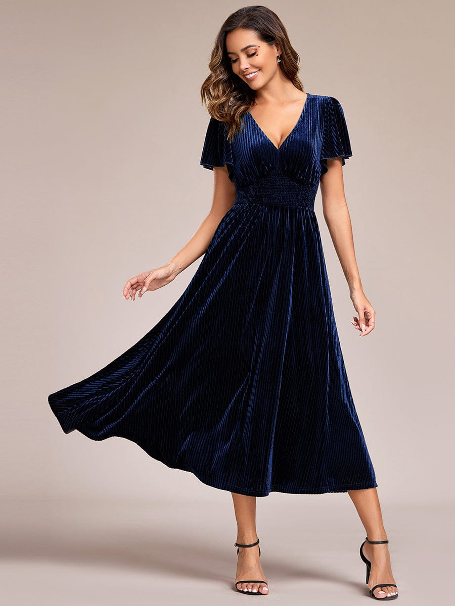 Robe d'invité de mariage mi-longue en velours d'automne à manches courtes et col en V gracieux #Couleur_Bleu Marine