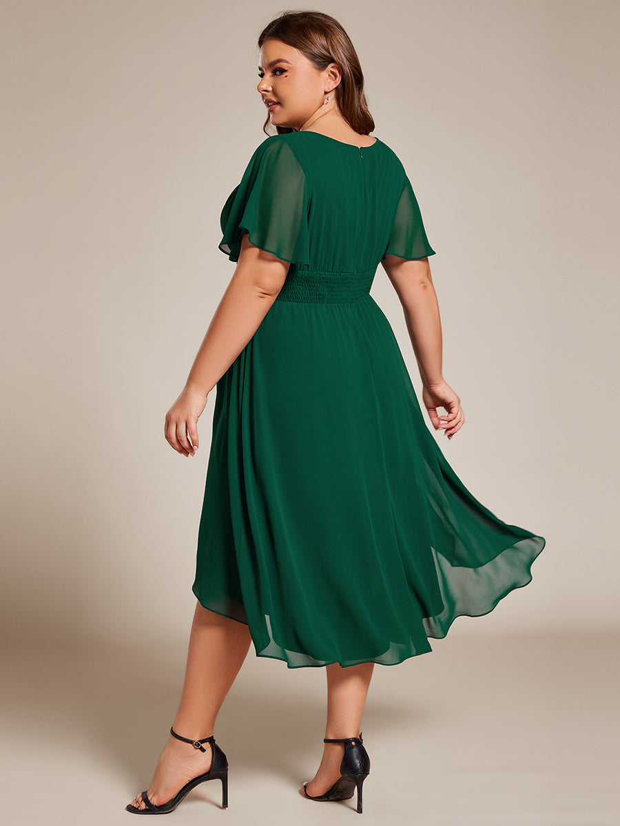 Robe d'invité de mariage trapèze en mousseline fluide à encolure ronde et longueur au genou #Couleur_Vert Fonce