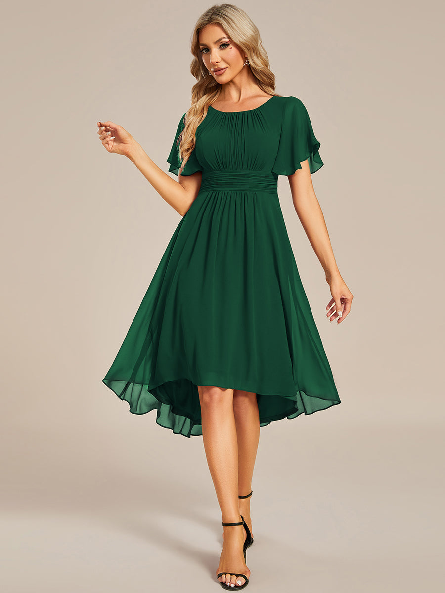 Robe d'invité de mariage trapèze en mousseline fluide à encolure ronde et longueur au genou #Couleur_Vert Fonce