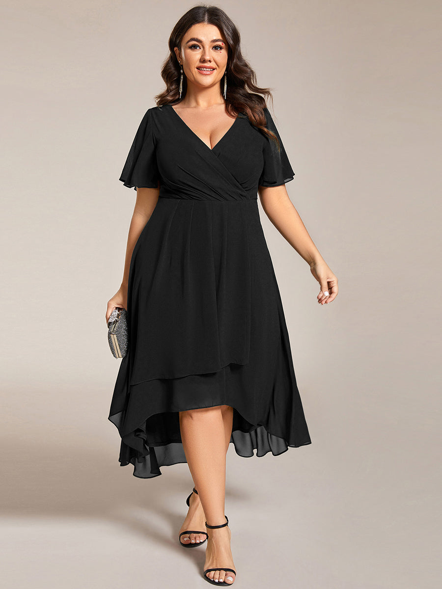 Grande Taille Robe D'invit?¡ã| De Mariage Mi-Longue Pliss?¡ã|e En Mousseline De Soie ?¡㡧N Manches Courtes Et Col En V De #Couleur_Noir