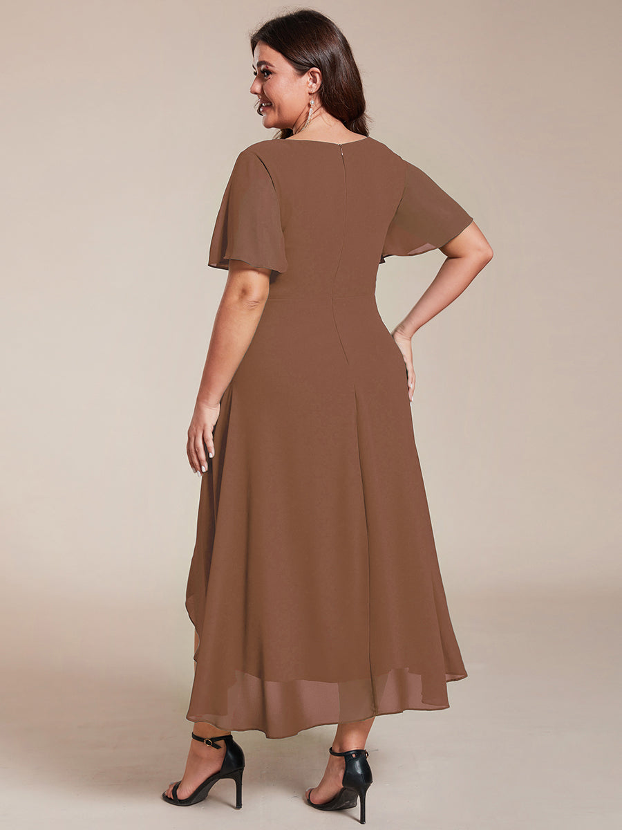 Taille personnalisée Robe D'invité De Mariage En Mousseline De Soie Mi-Longue Plissée à Manches à Volants Et Col En V #Couleur_Brun